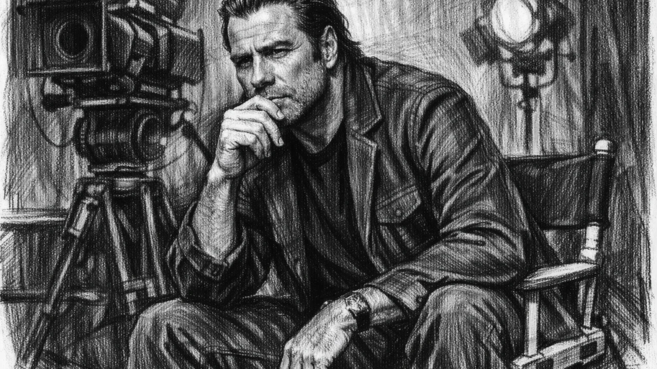 Zreli John Travolta na filmskom setu prikazan u ugalj stilu, mirna atmosfera i naglašeni kontrasti.