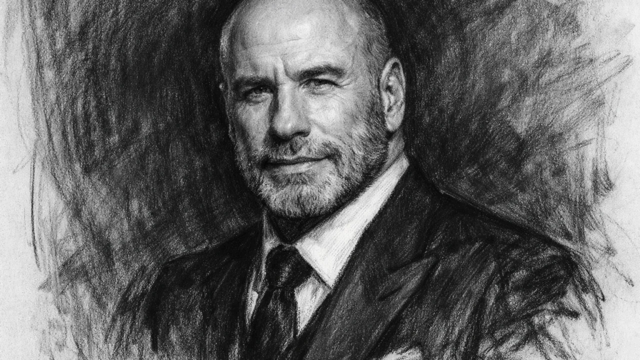 John Travolta u kasnijoj fazi života portretiran u ugalj stilu, elegantan i realističan crtež.