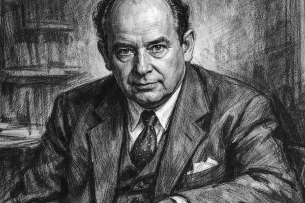 Portret Johna von Neumanna u ugalj stilu, crno-bijeli karizmatični prikaz znanstvenika s izražajnim crtama lica