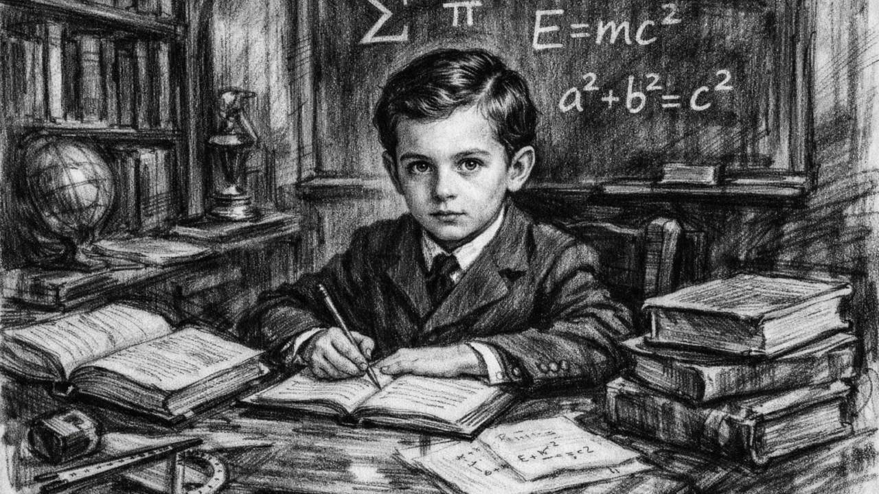Mladi John von Neumann kao dječji genij u ugalj stilu, prikazan uz knjige i matematičke simbole
