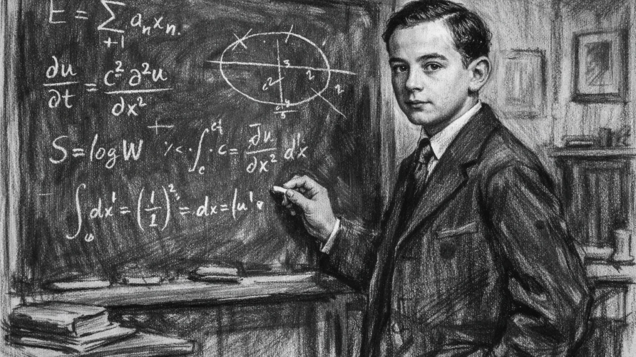 John von Neumann kao srednjoškolac u učionici, crtež u ugalj stilu s matematičkom pločom