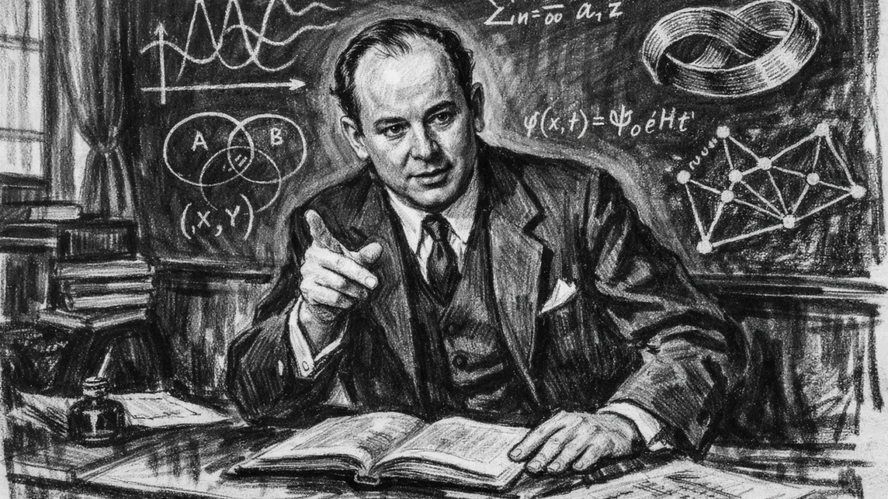 John von Neumann kao mladi profesor u Berlinu, prikazan u ugalj stilu s intelektualnim naglaskom