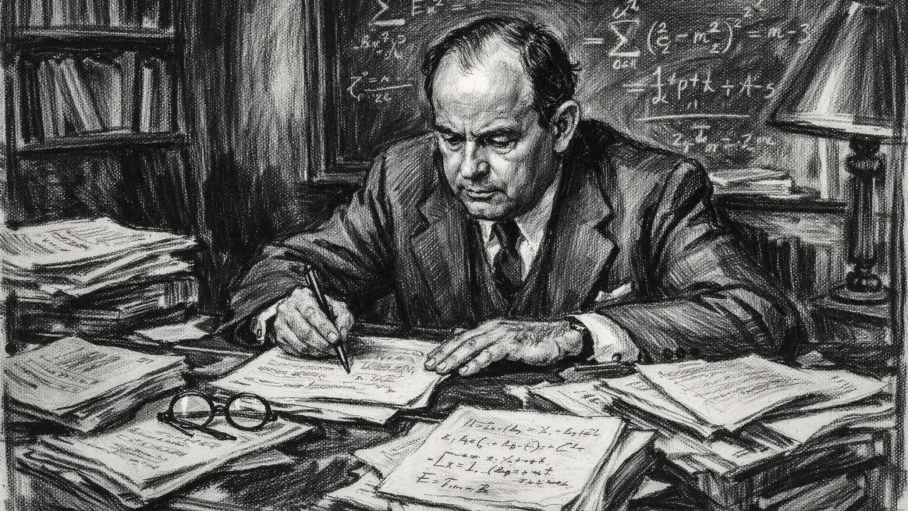 Zreli John von Neumann u radu, snažan crno-bijeli prikaz u ugalj stilu s naglaskom na znanost