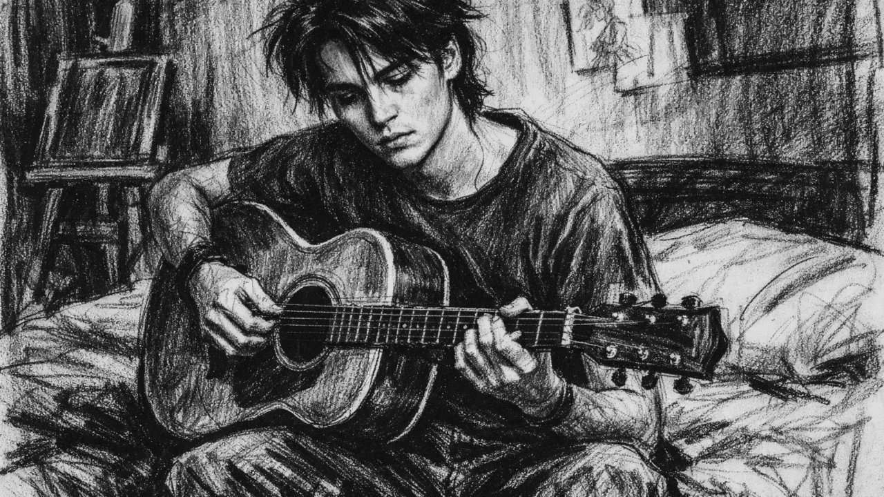 Mladi Johnny Depp svira gitaru u tinejdžerskim danima, prikazan u ugalj stilu