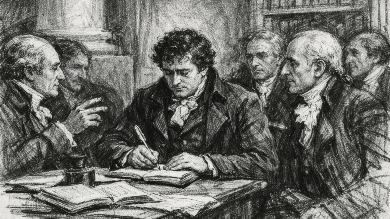 Joseph Fourier među pariškim matematičarima u ugalj stilu, scena akademske rasprave