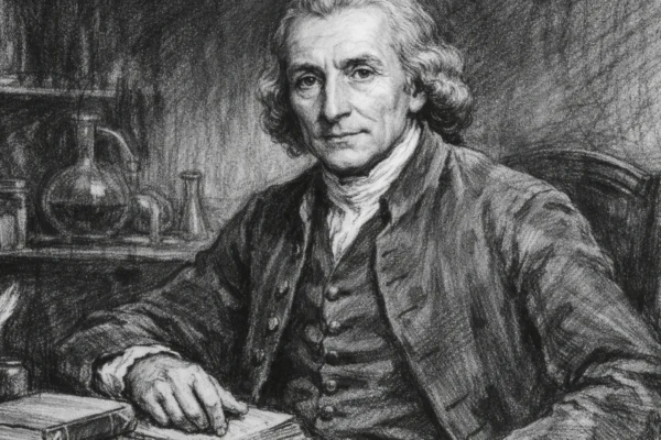 Portret Josepha Priestleyja u ugalj stilu, crno-bijeli prikaz znanstvenika s izraženim crtama lica i snažnim kontrastom