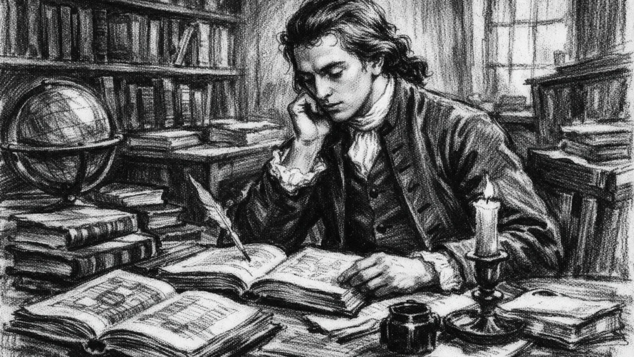 Mladi Joseph Priestley tijekom školovanja u ugalj stilu, prizor studiranja u crno-bijelom, visokog kontrasta