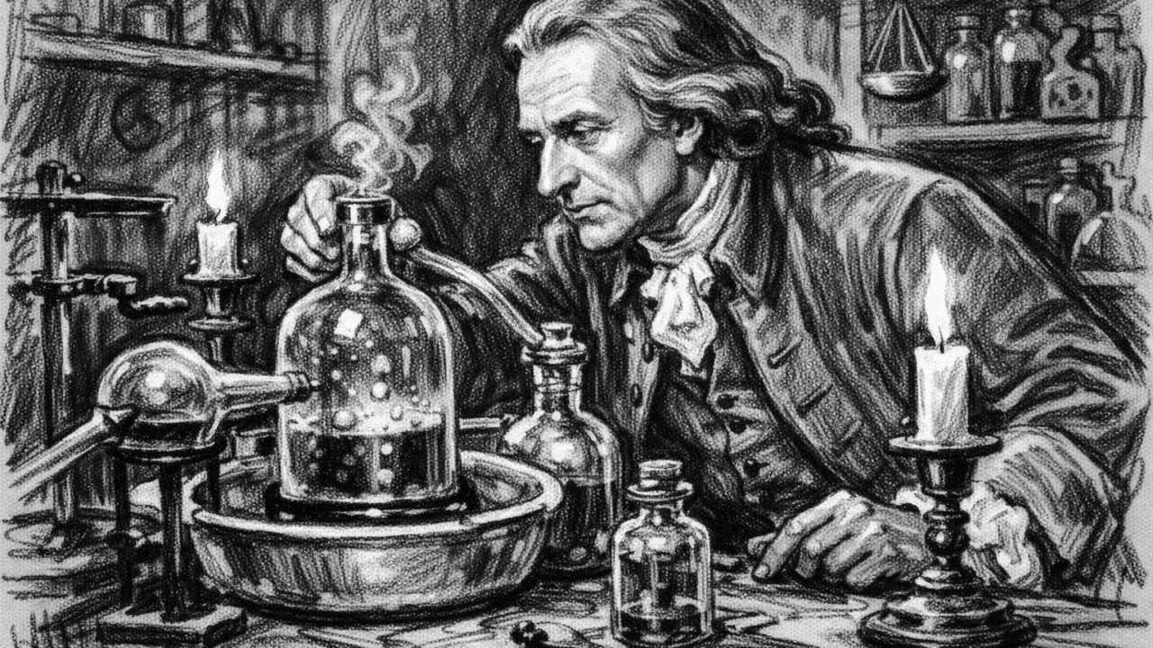 Joseph Priestley u laboratoriju tijekom pokusa s plinovima u ugalj stilu, znanstveni prizor u crno-bijeloj tehnici