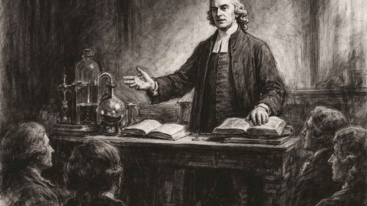 Joseph Priestley kao učitelj i predavač u ugalj stilu, povijesna scena s izraženim linijama i kontrastom
