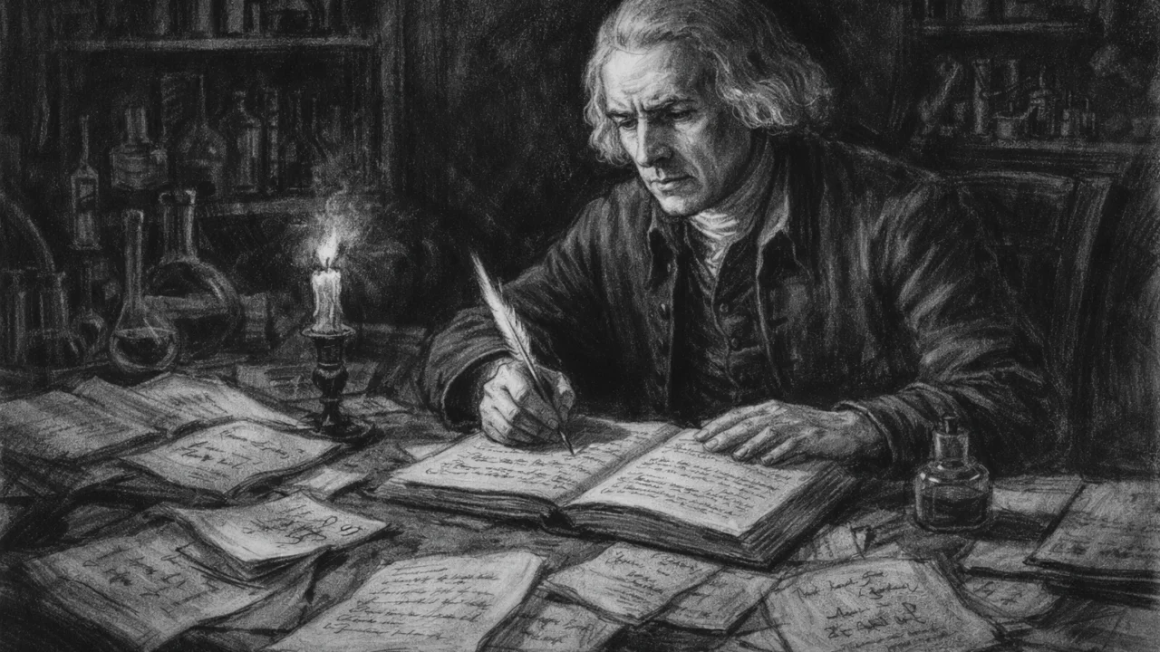 Joseph Priestley dok zapisuje znanstvene bilješke u ugalj stilu, intimna crno-bijela scena rada