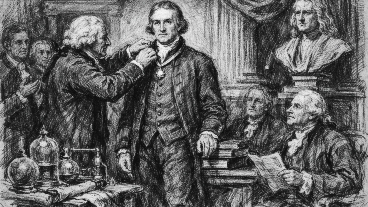 Joseph Priestley u trenutku znanstvenog priznanja u ugalj stilu, dostojanstveni crno-bijeli prikaz