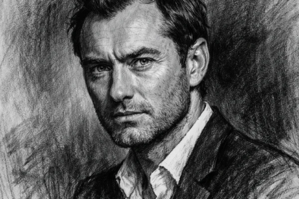 Portret Judea Lawa u ugalj stilu, crno-bijeli crtež s naglašenim kontrastom i izražajnim linijama.