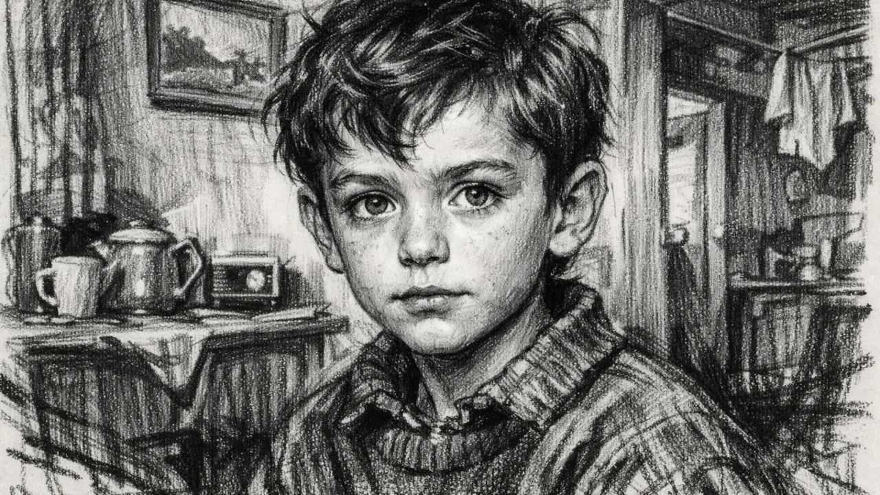 Prikaz djetinjstva Judea Lawa u Londonu u ugalj stilu, s emotivnim i izražajnim crno-bijelim crtežom.