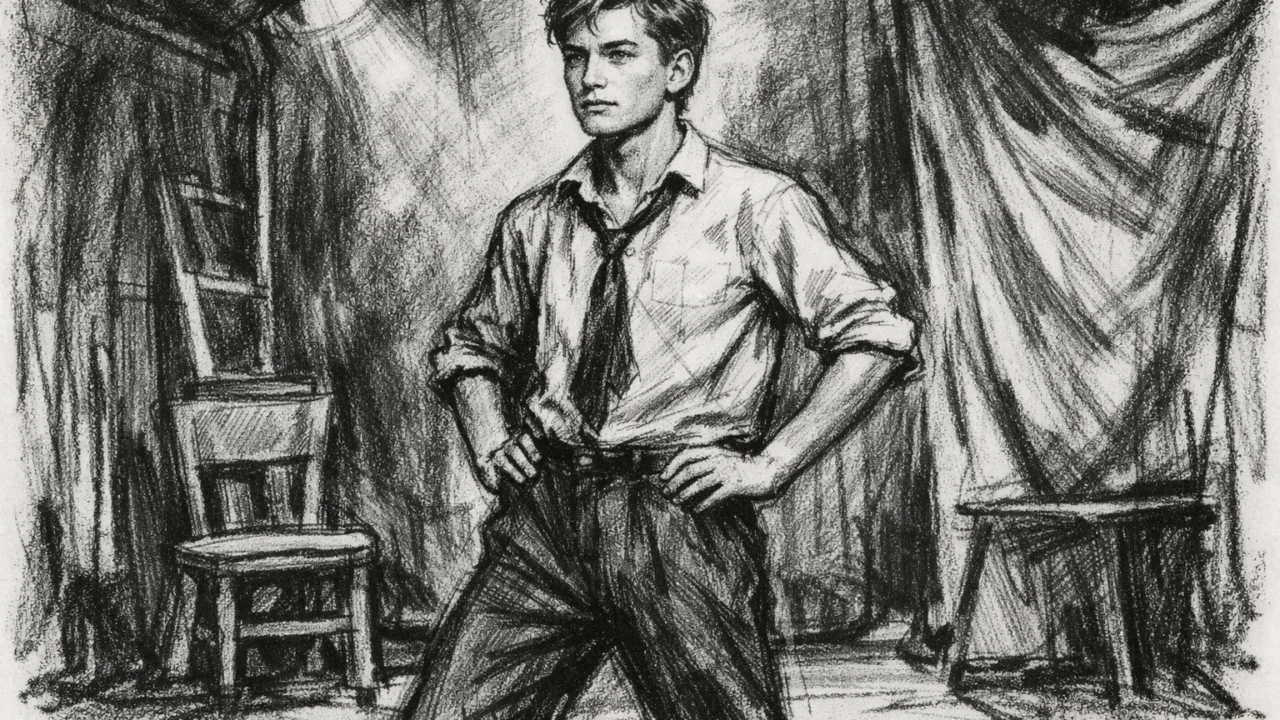 Jude Law kao tinejdžer na školskoj pozornici, nacrtan u ugalj stilu s naglašenom dramskom atmosferom.