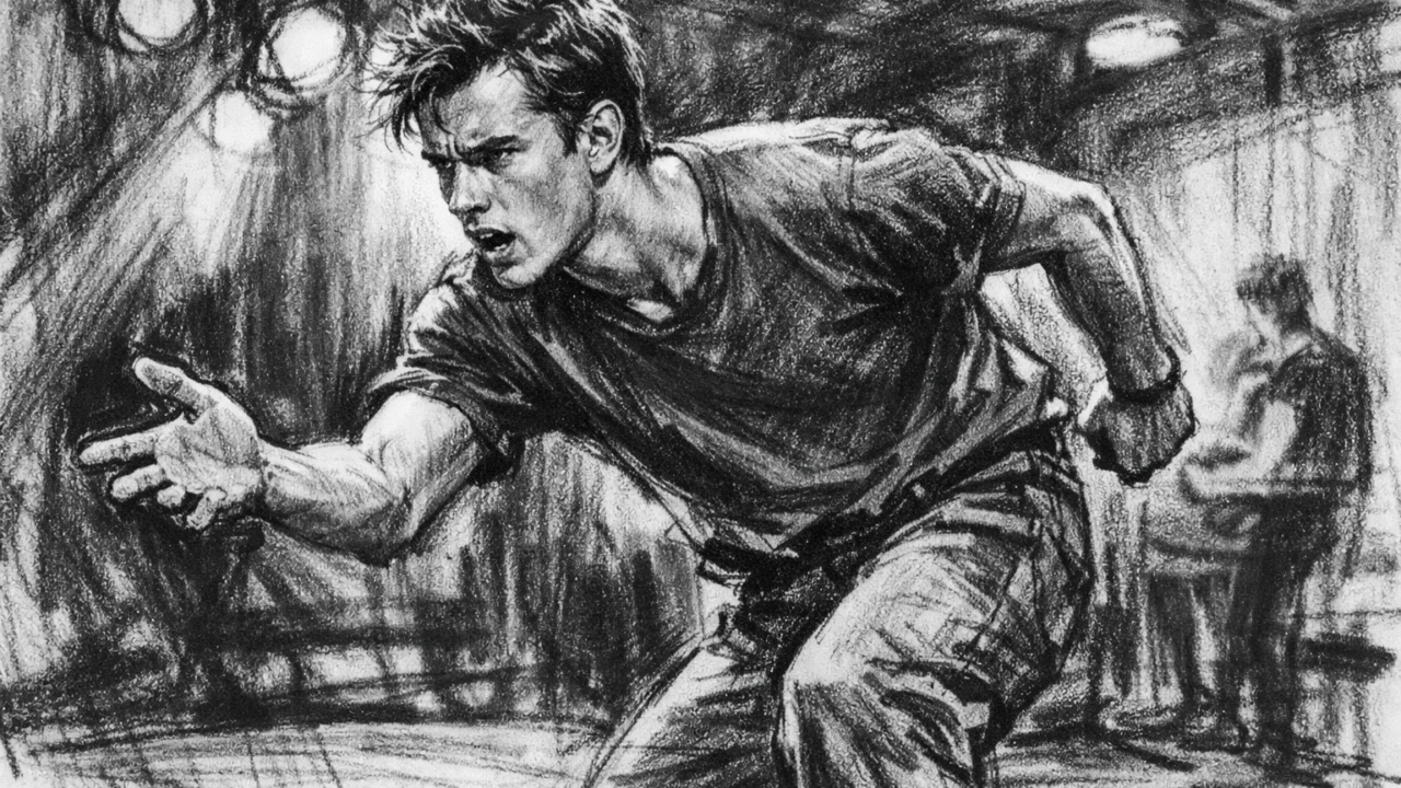 Rani glumački dani Judea Lawa u kazalištu, prikazani u ugalj stilu s snažnim kontrastom.