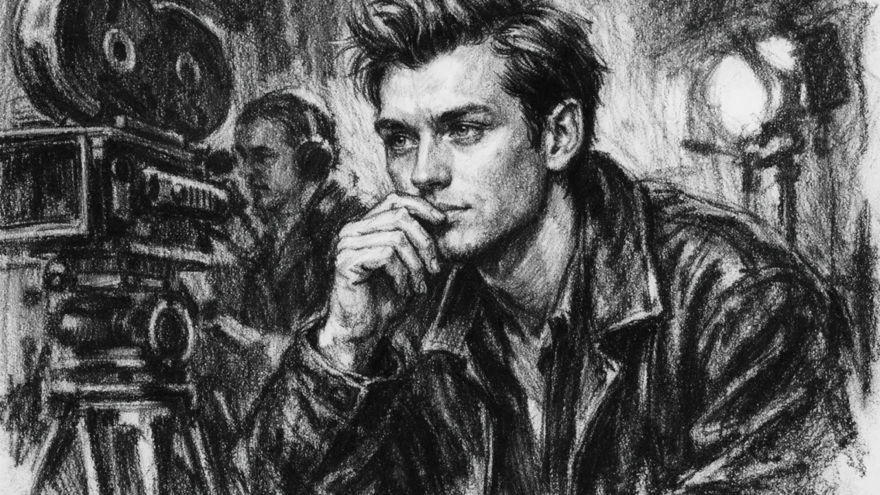 Jude Law na početku filmske karijere, ilustriran u ugalj stilu s realističnim crtama lica.