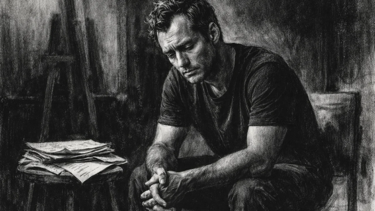 Introspektivni trenutak Judea Lawa prikazan u ugalj stilu, s crno-bijelom umjetničkom atmosferom.