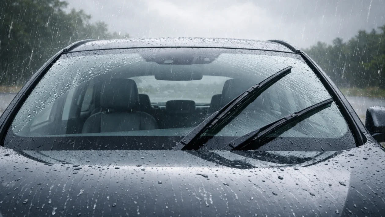 Novi brisači i čisto vjetrobransko staklo automobila tijekom kiše, simbol sigurnije vožnje i pravilnog održavanja