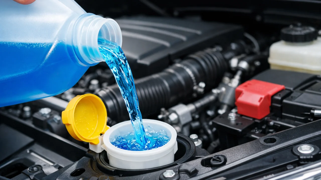 Dolijevanje zimske tekućine za pranje stakla u spremnik automobila radi bolje vidljivosti i zaštite sustava