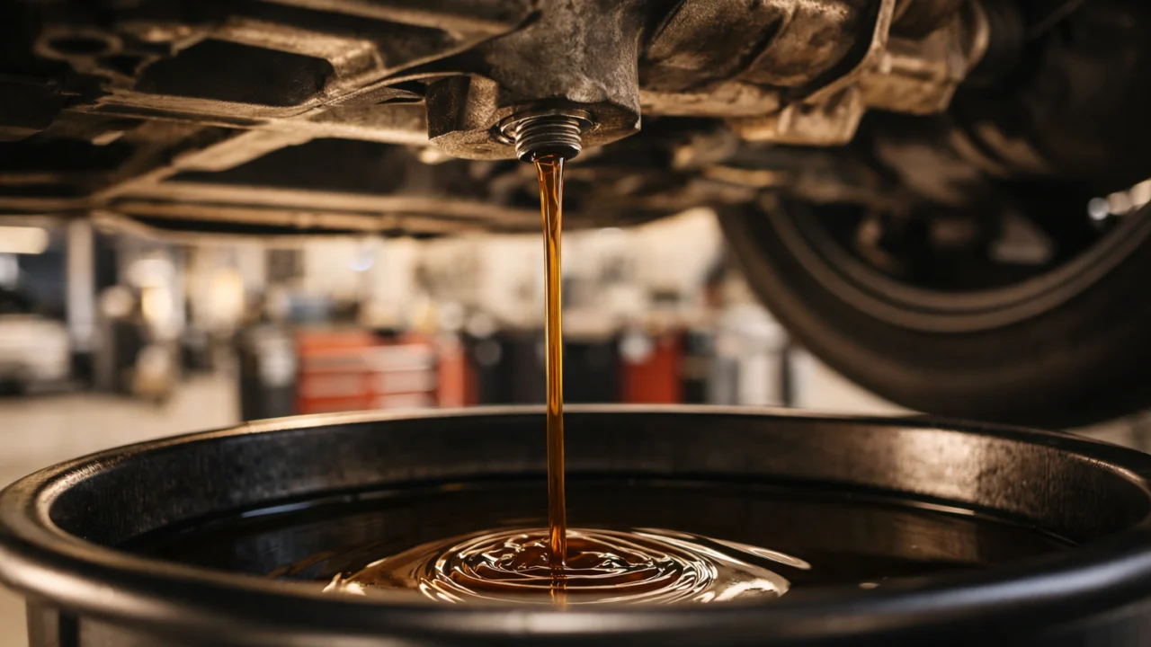 Ispuštanje starog motornog ulja iz automobila prilikom servisa, prikaz procesa zamjene ulja u radionici