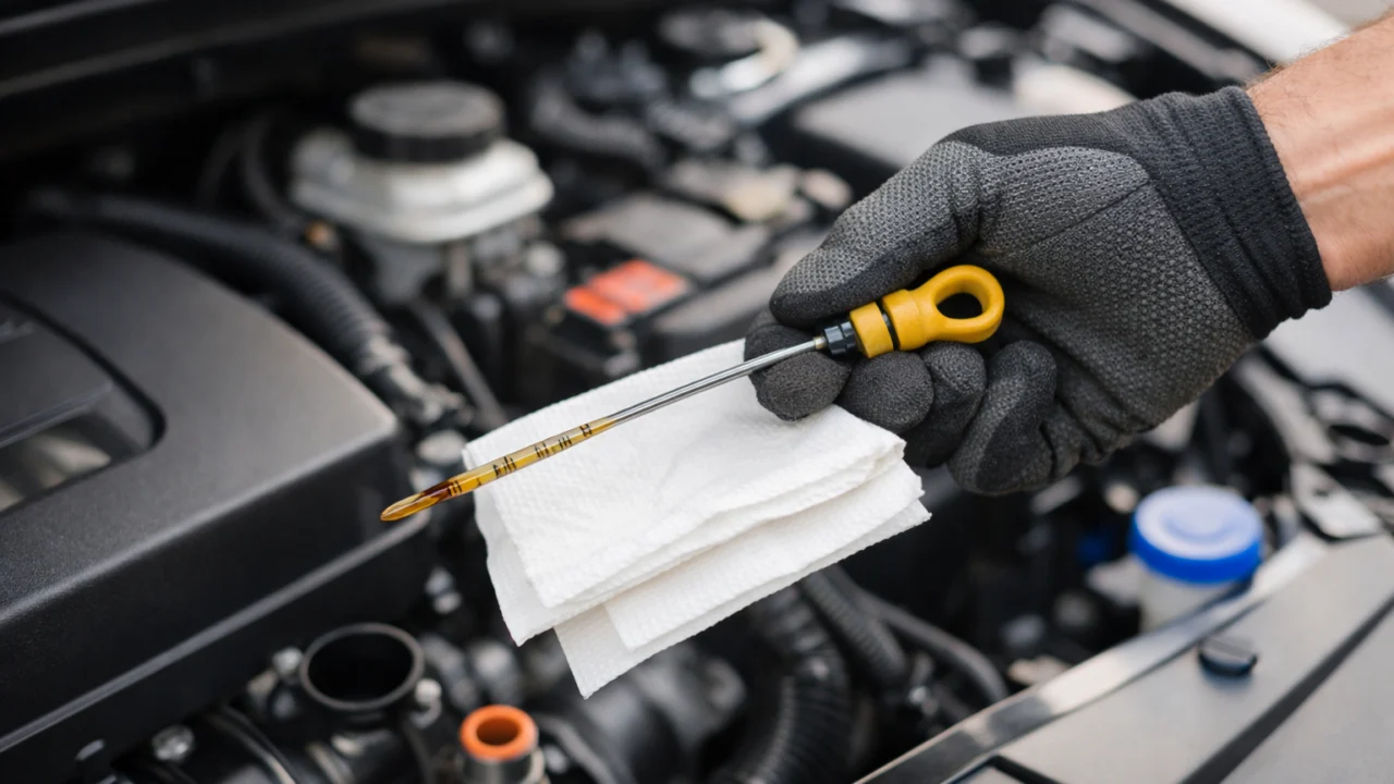 Provjera razine ulja mjernom šipkom nakon zamjene ulja, važan korak za pravilno održavanje motora