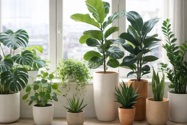 Različite sobne biljke u teglama različitih veličina pokraj prozora, prikaz kada presaditi biljku u veću teglu