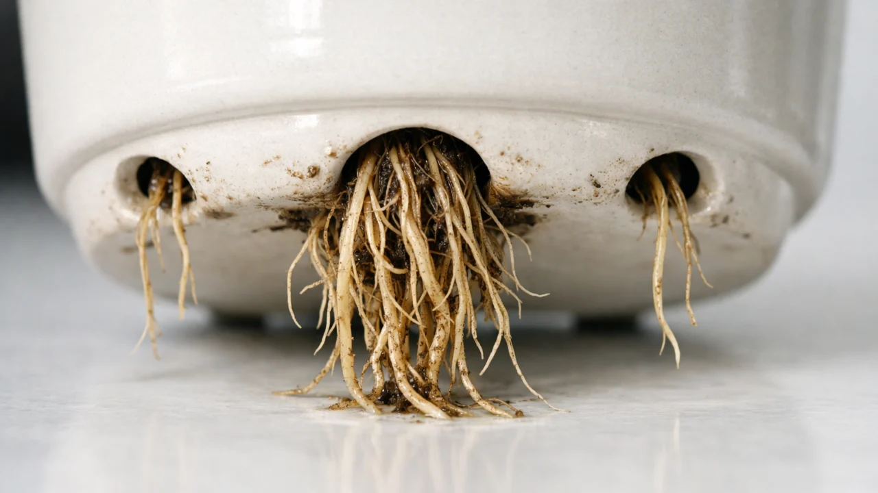 Korijen biljke koji izlazi kroz drenažne rupice tegle, jasan znak da je vrijeme za presađivanje u veću teglu