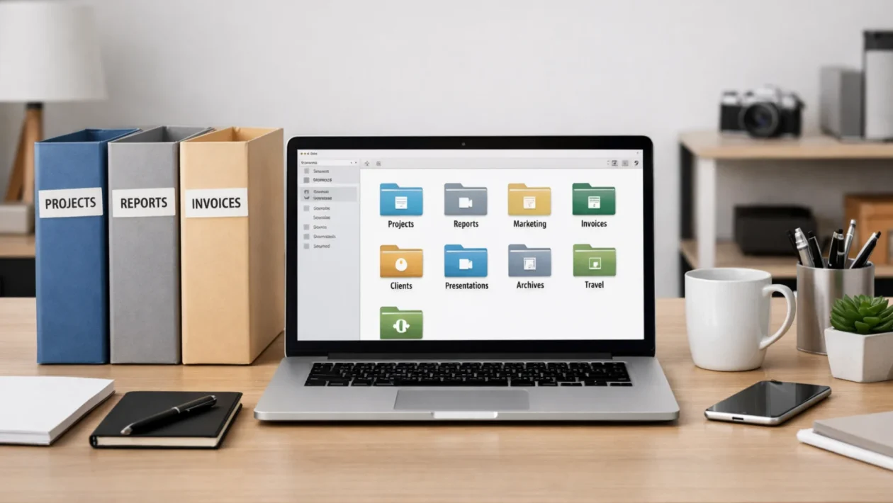 Organizirani ured s digitalnim i papirnatim dokumentima prikazuje učinkovit sustav označavanja za brzo pronalaženje datoteka