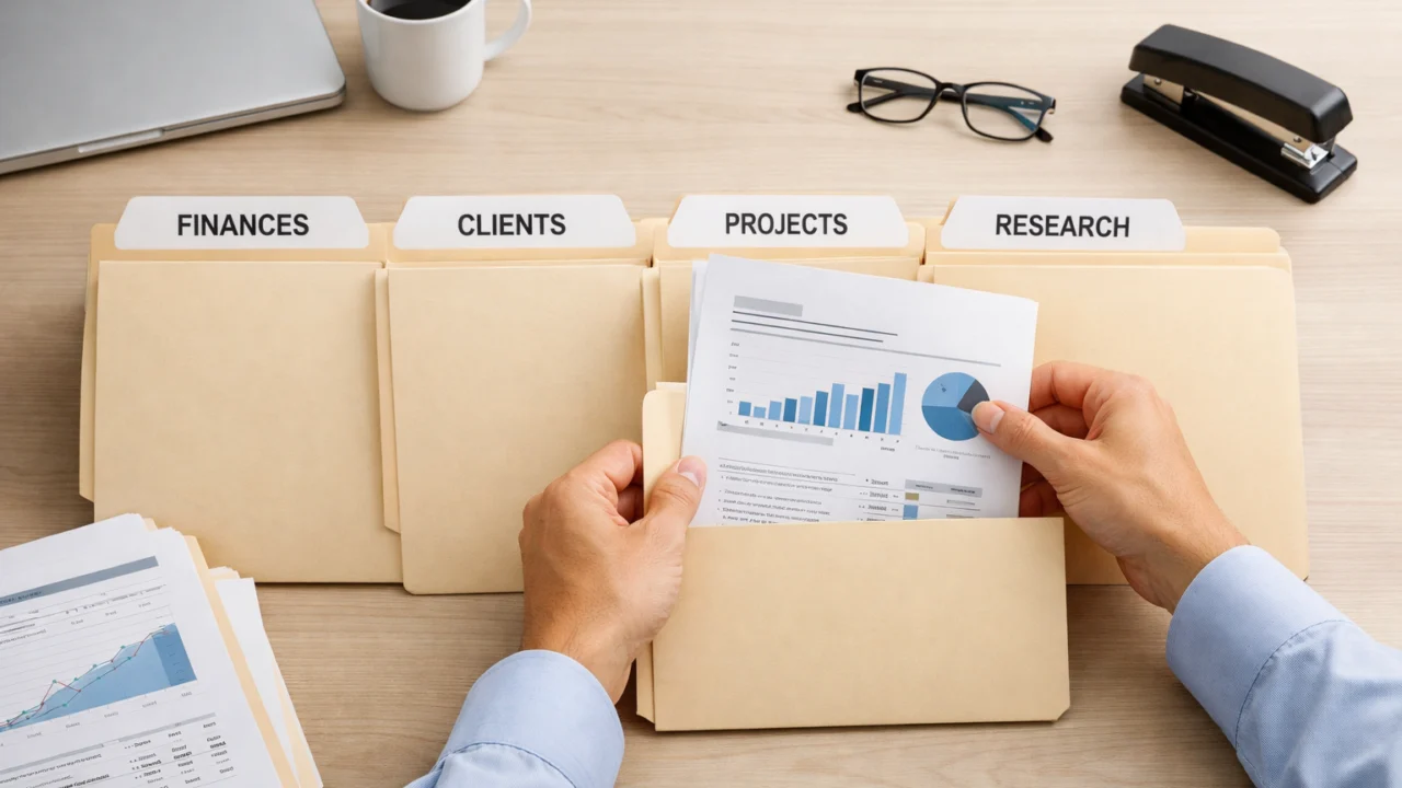 Ručno razvrstavanje papirnatih dokumenata u označene mape kao dio jednostavnog sustava organizacije
