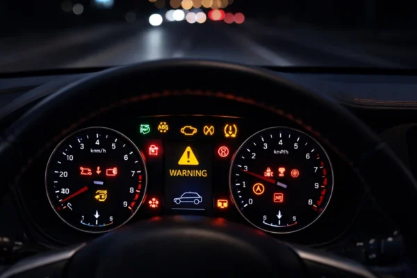 Instrument tabla automobila s upaljenim lampicama upozorenja, pogled vozača, objašnjenje značenja lampica na tabli