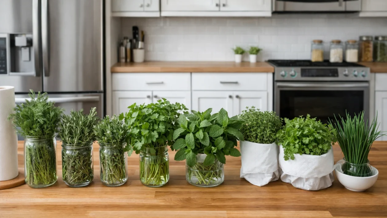 Različite svježe začinske biljke u kuhinji, prikaz pravilnog čuvanja bilja za očuvanje arome i svježine