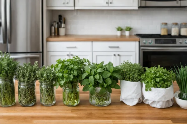 Različite svježe začinske biljke u kuhinji, prikaz pravilnog čuvanja bilja za očuvanje arome i svježine
