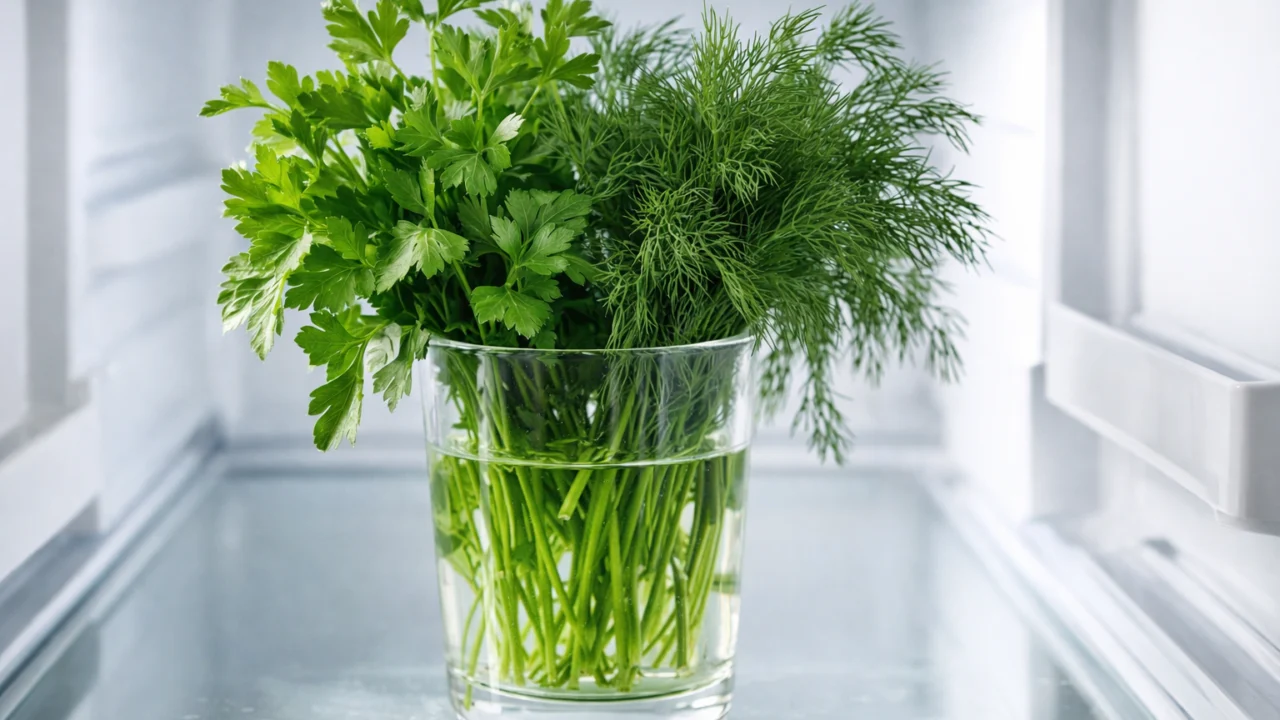 Peršin i kopar u čaši s vodom u hladnjaku, pravilno čuvanje lisnatog bilja za dulju svježinu