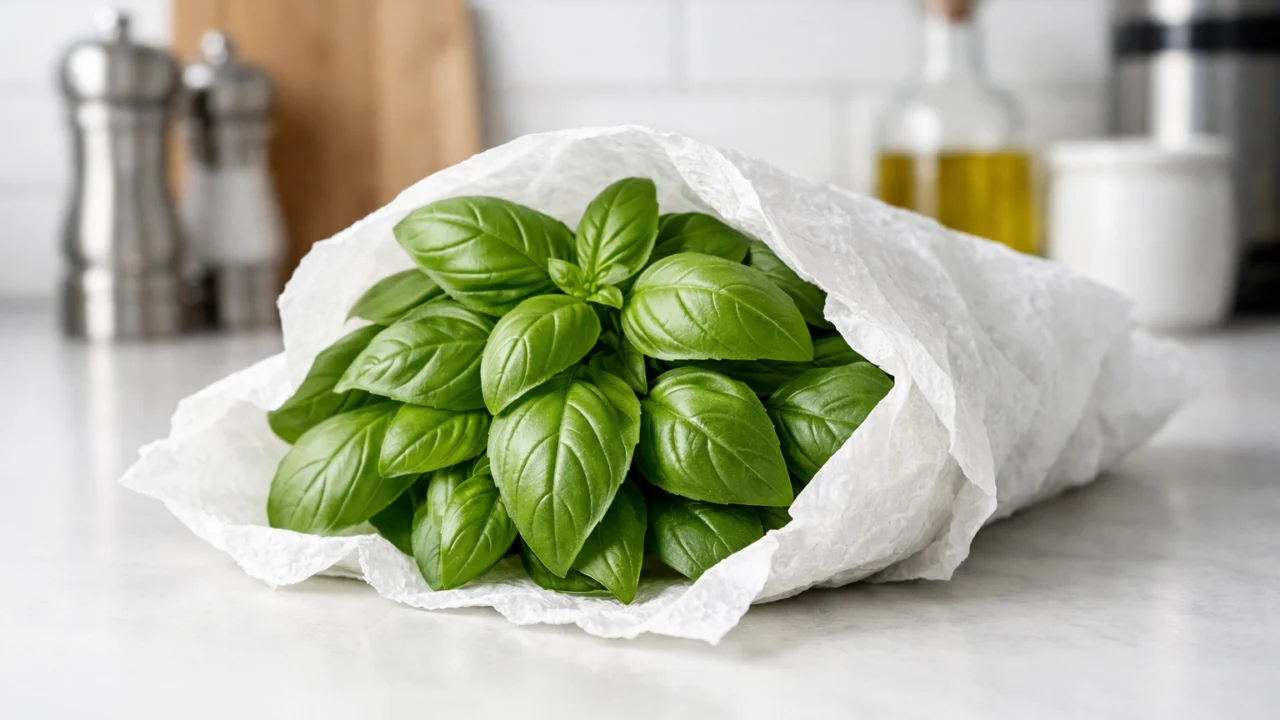 Svježi bosiljak čuvan izvan hladnjaka omotan papirnatim ubrusom radi očuvanja arome