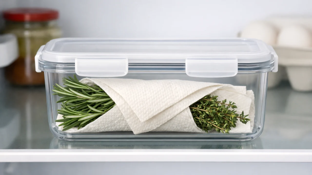 Ružmarin i timijan pravilno spremljeni u hladnjaku, drvenasto bilje za dugotrajan miris