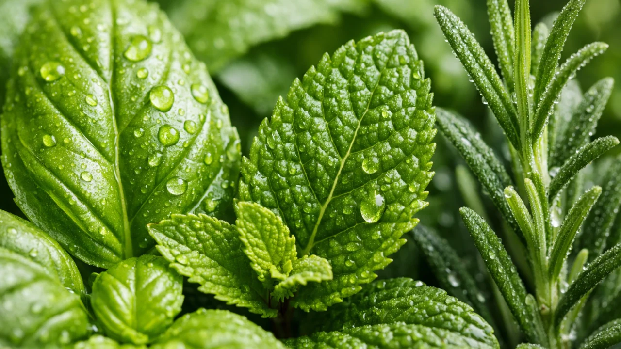 Detalj listova svježeg bilja koji prikazuje vlagu i strukturu važnu za očuvanje arome