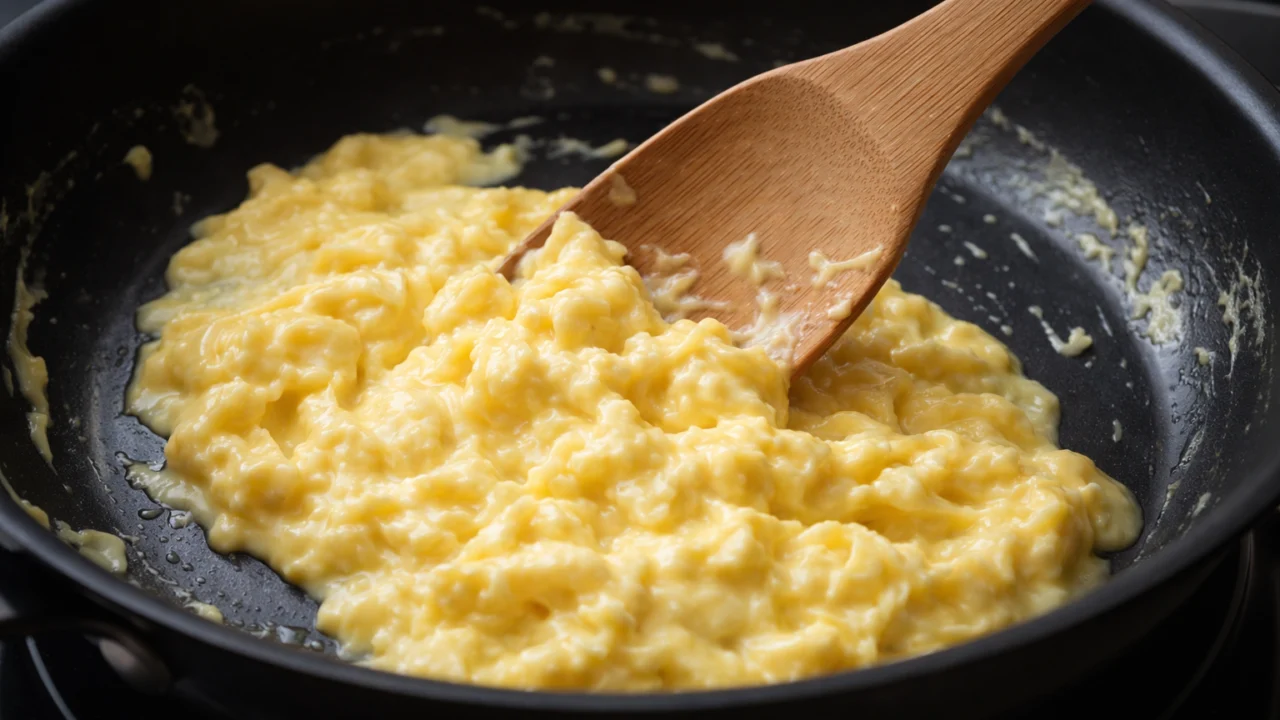 Priprema mekane kajgane na laganoj vatri uz stalno miješanje u tavi