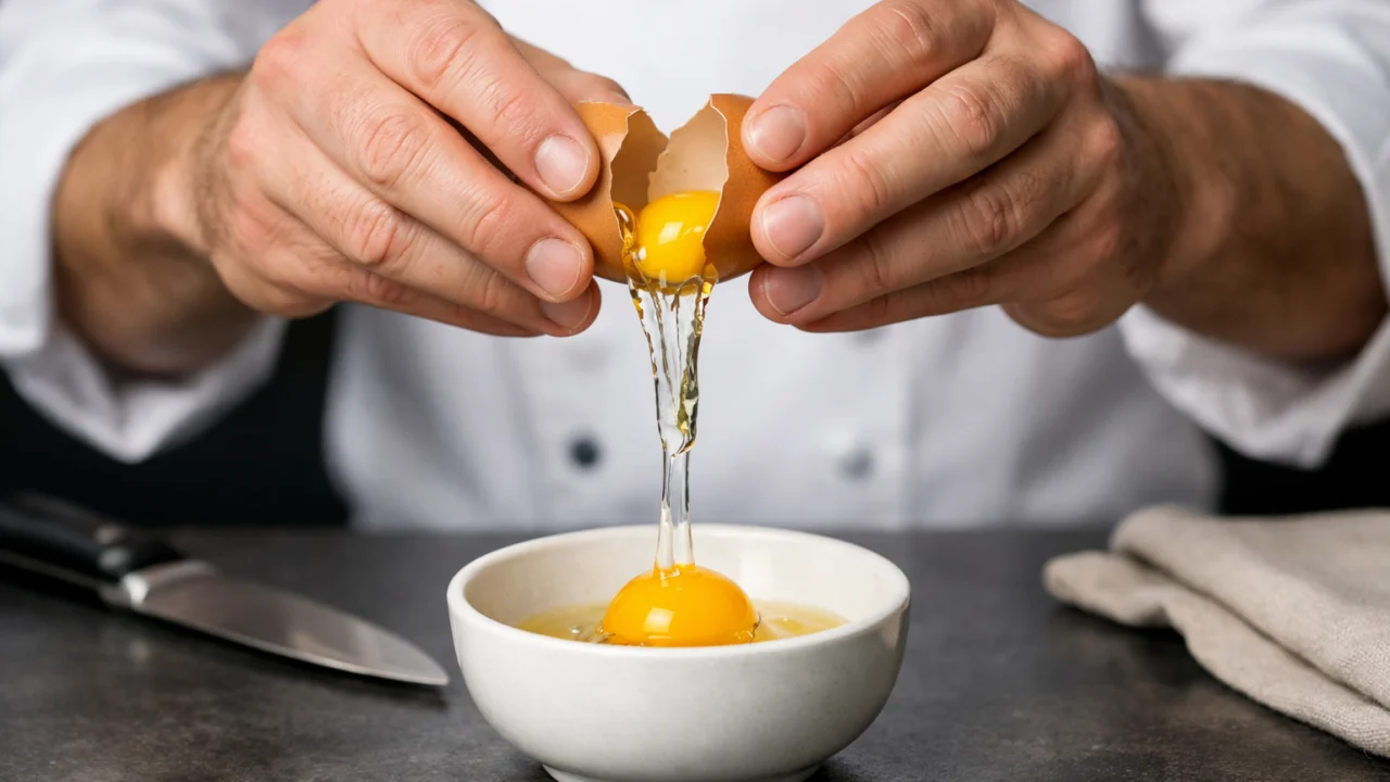 Razbijanje svježeg jajeta prije pripreme kao važan korak za savršeno pečenje