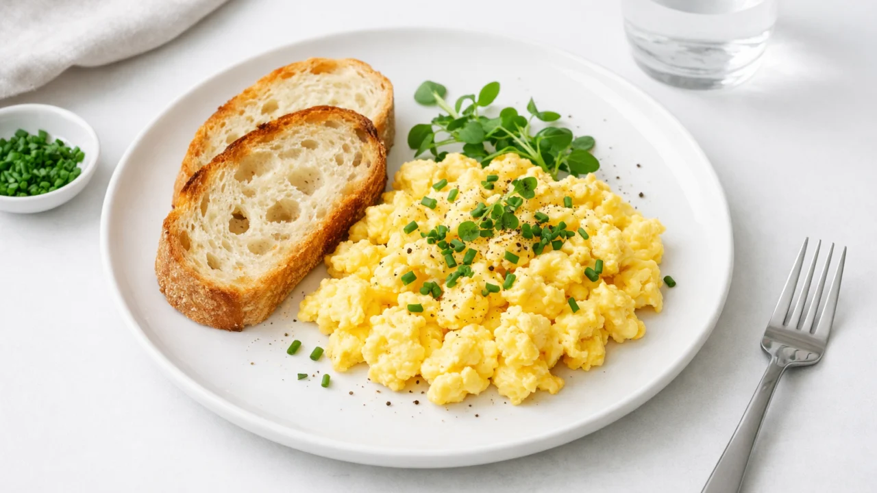 Gotova kajgana poslužena na tanjuru s kruhom i svježim začinskim biljem za doručak