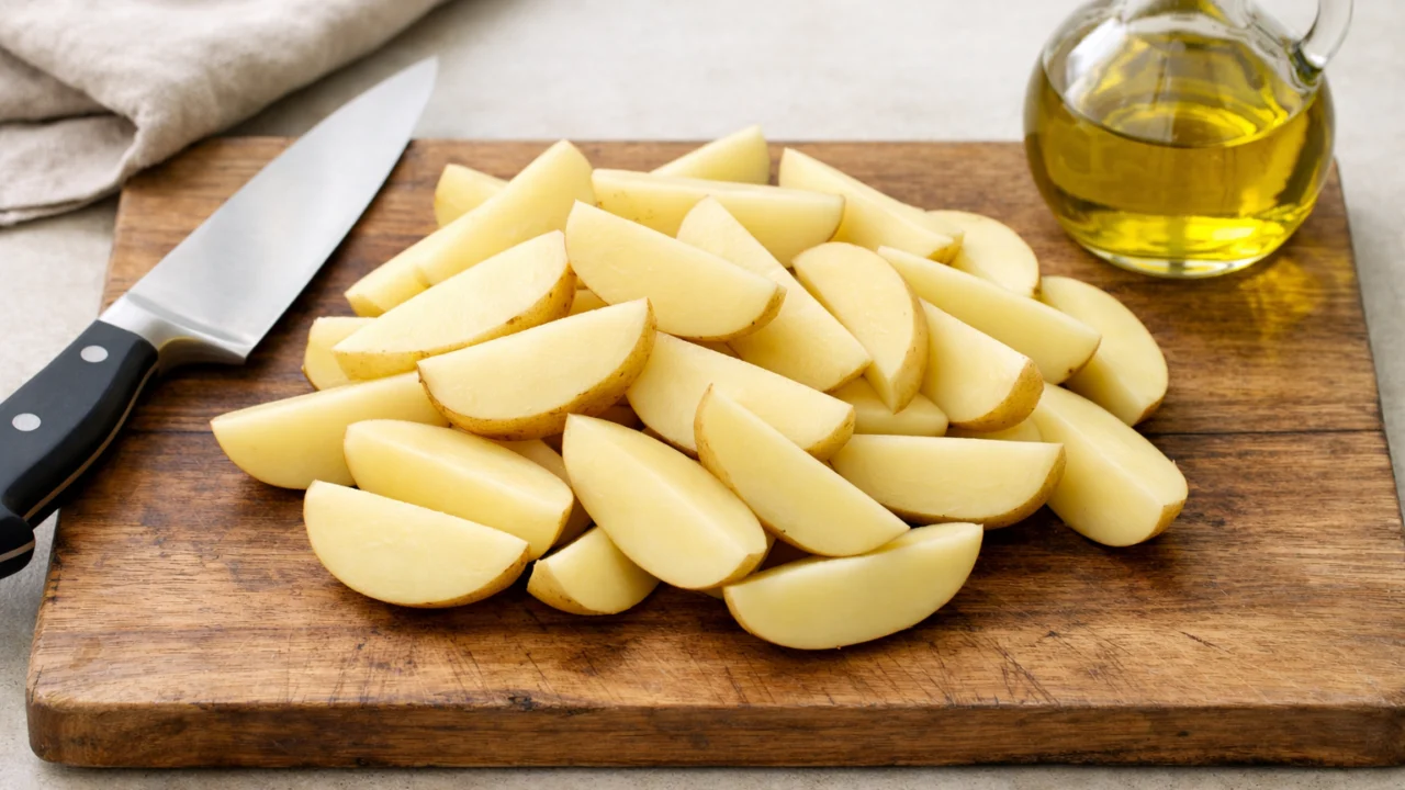 Pravilno narezani krumpiri prije pečenja, ključan korak za ravnomjerno pečenje i hrskavost u pećnici