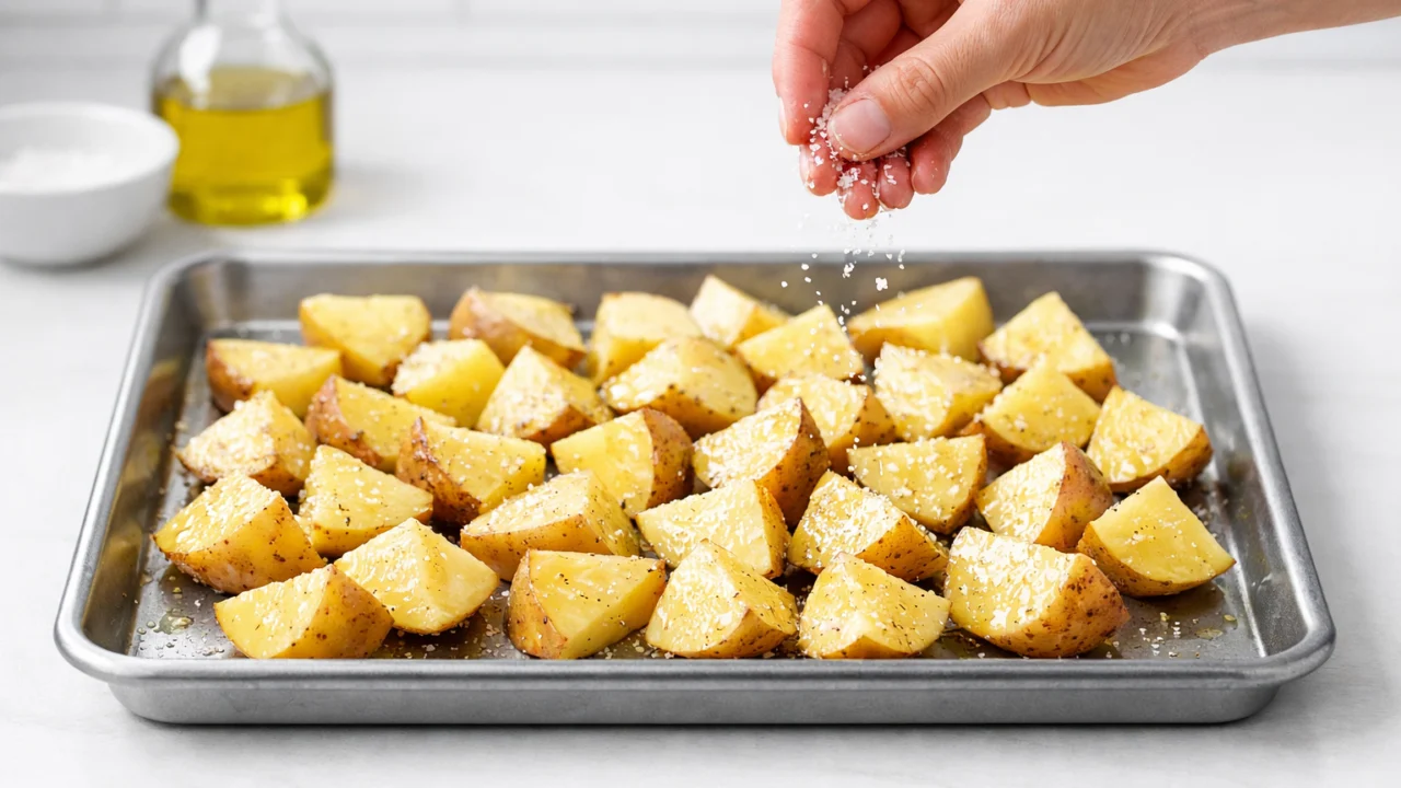 Začinjavanje krumpira maslinovim uljem i solju prije pečenja za bolju karamelizaciju i okus