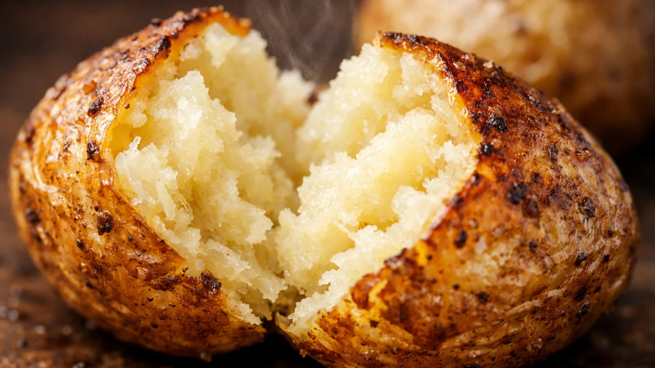 Detalj pečenog krumpira s hrskavom koricom i mekanom, pahuljastom unutrašnjošću nakon pečenja