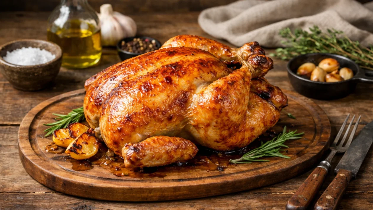 Sočna pečena piletina s hrskavom kožicom servirana cijela, prikaz idealnog rezultata pravilnog pečenja