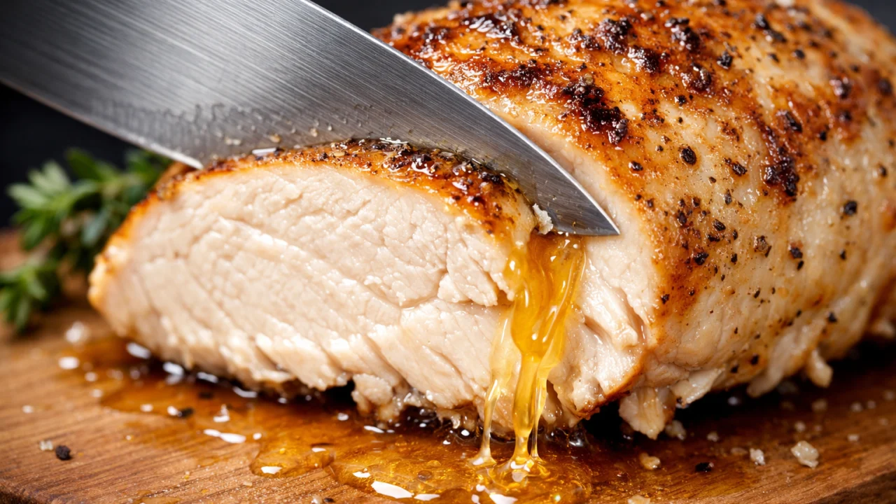 Rezanje pilećih prsa iz kojih izlaze prirodni sokovi, dokaz pravilne temperature i sočnosti mesa