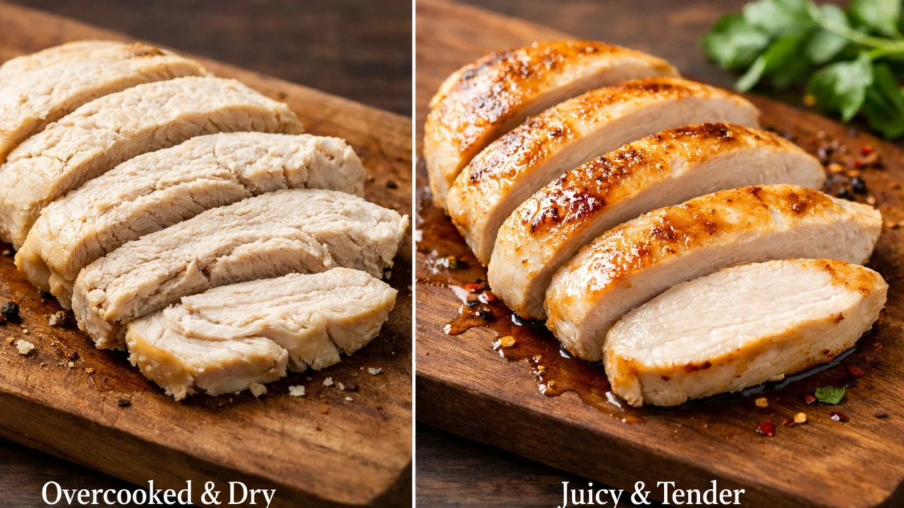 Usporedba suhe i sočne piletine koja pokazuje utjecaj temperature i vremena pečenja