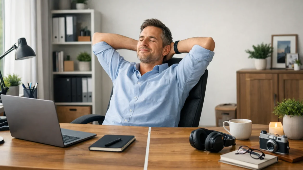 Radnik u kućnom uredu s jasno odvojenim privatnim i poslovnim prostorom kao simbol prevencije burnouta