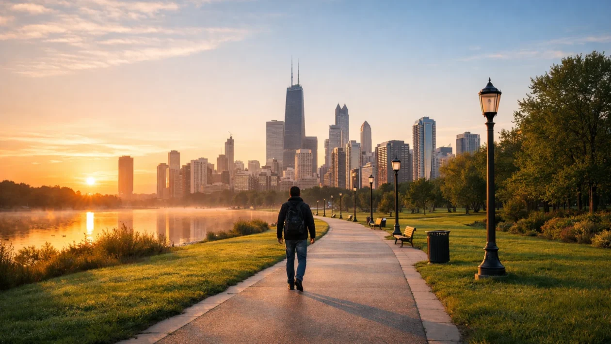 Osoba hoda parkom ujutro, simbol početka dosljedne rutine hodanja i zdravog načina života