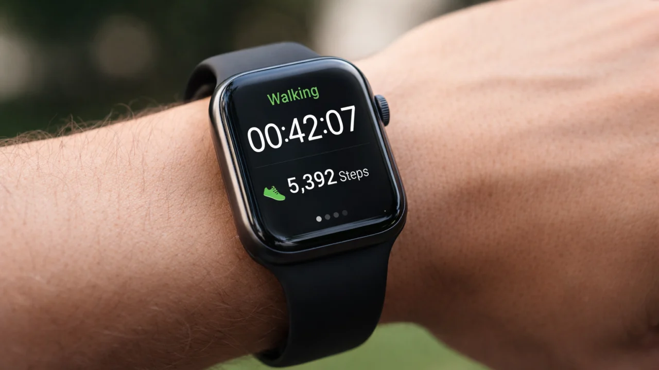 Pametni sat koji prikazuje trajanje i korake tijekom hodanja kao dio planirane rutine