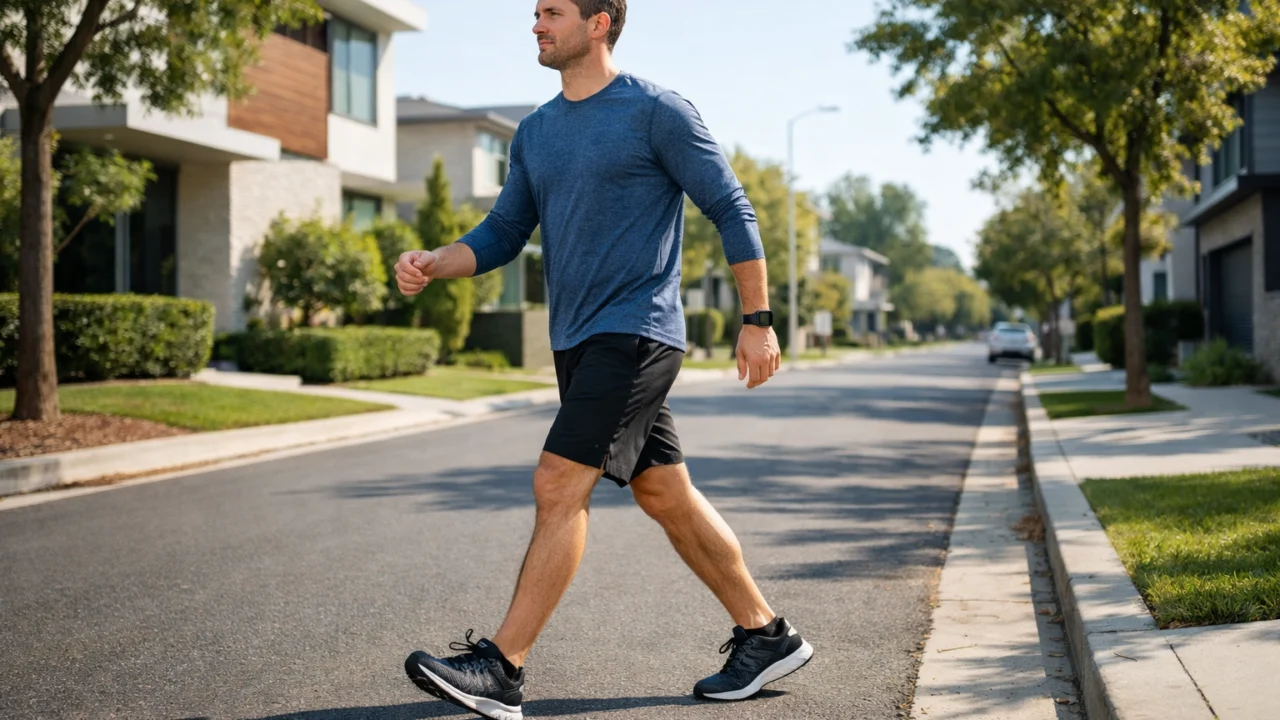 Muškarac brzo hoda kroz kvart, primjer strukturirane rutine hodanja u svakodnevici