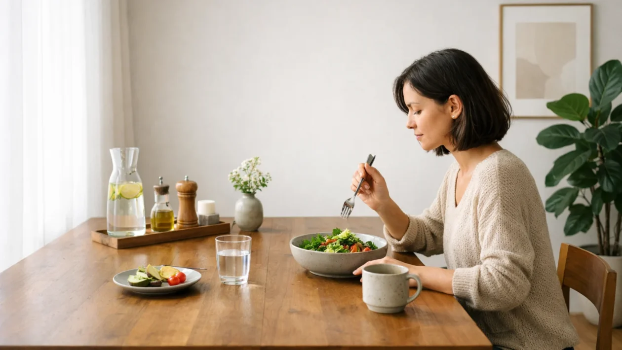 Osoba jede polako za stolom u mirnom okruženju, ilustracija svjesnog jedenja i prirodnog prepoznavanja sitosti